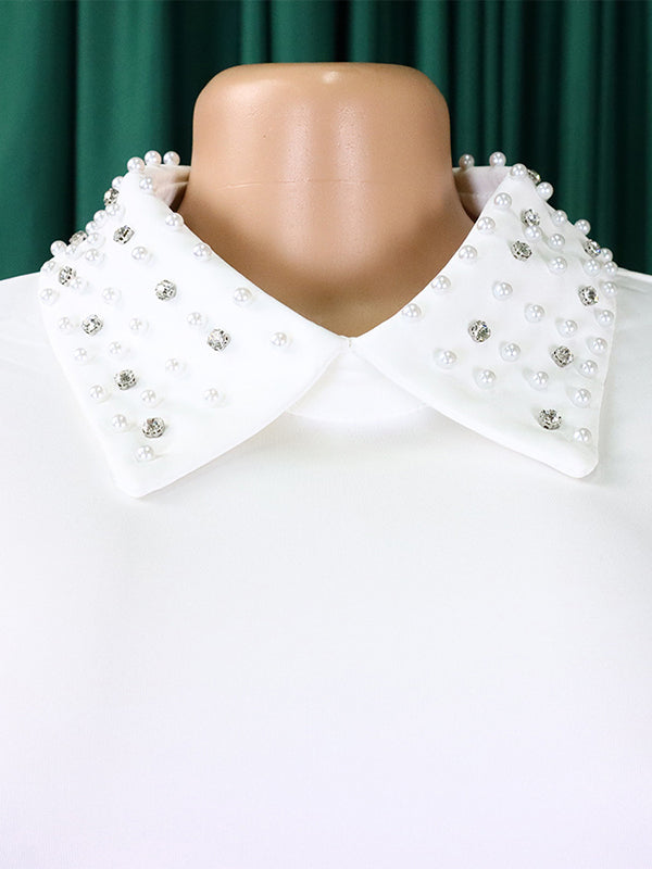 Beads Mesh Solid Color Split-Joint Puff Sleeves Round-neck Midi Dresses