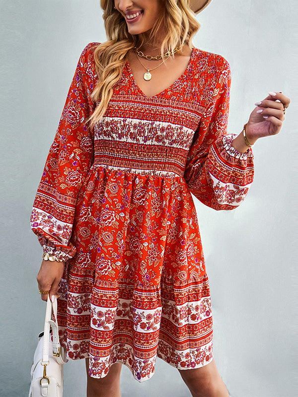 Bohemia A-Line Loose Floral Printed V-Neck Dress