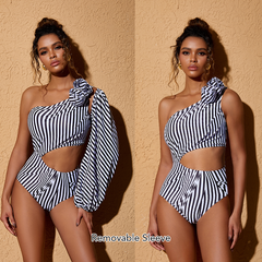 Removable Sleeve 3D Flower One Shoulder Swimsuit and Skirt Flaxmaker