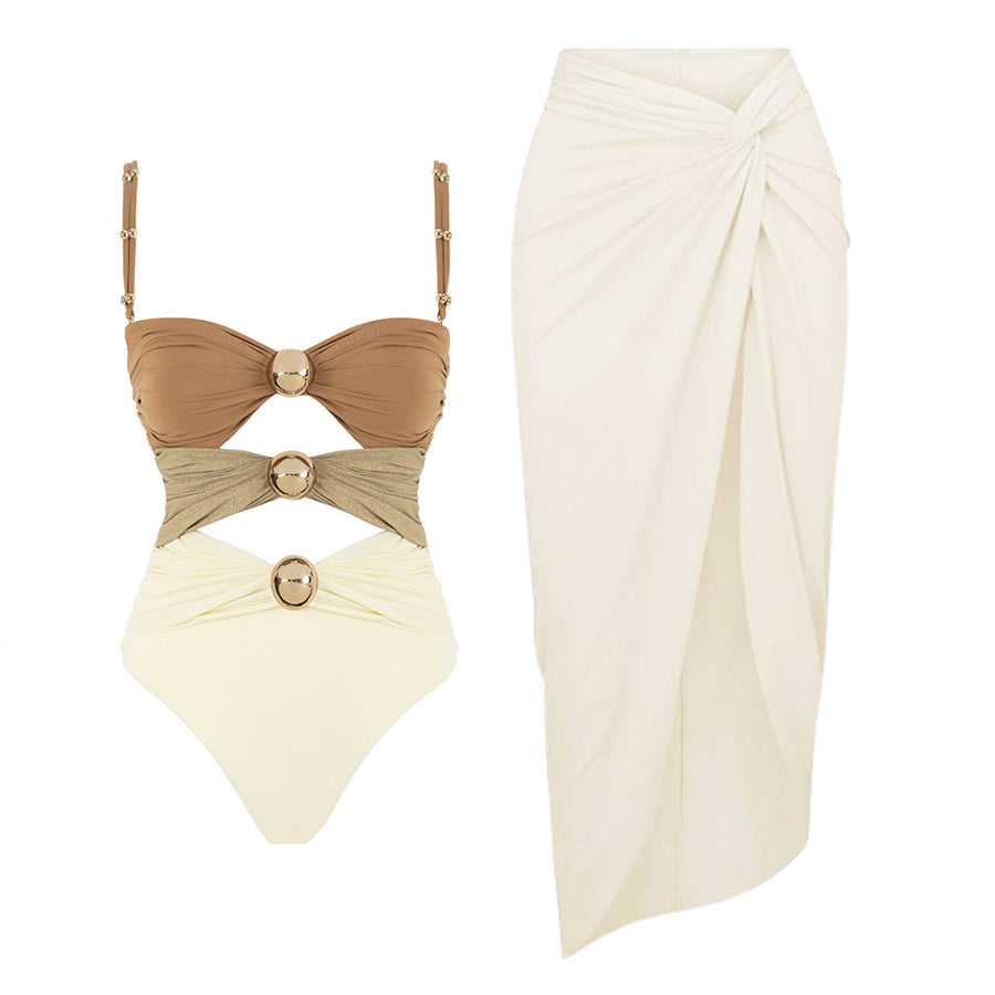 Color Block Cutout One Piece Swimsuit and Sarong