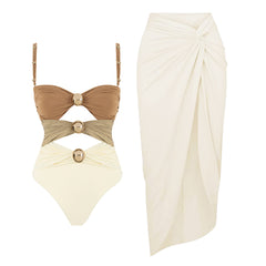 Color Block Cutout One Piece Swimsuit and Sarong