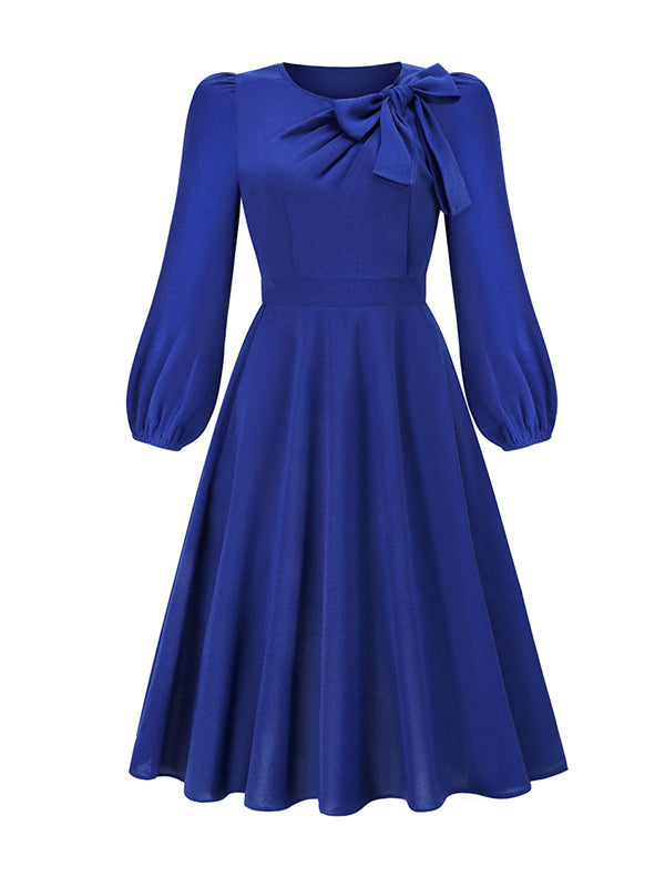 Asymmetric Bowknot Elasticity Solid Color A-Line Long Sleeves Round-Neck Midi Dresses