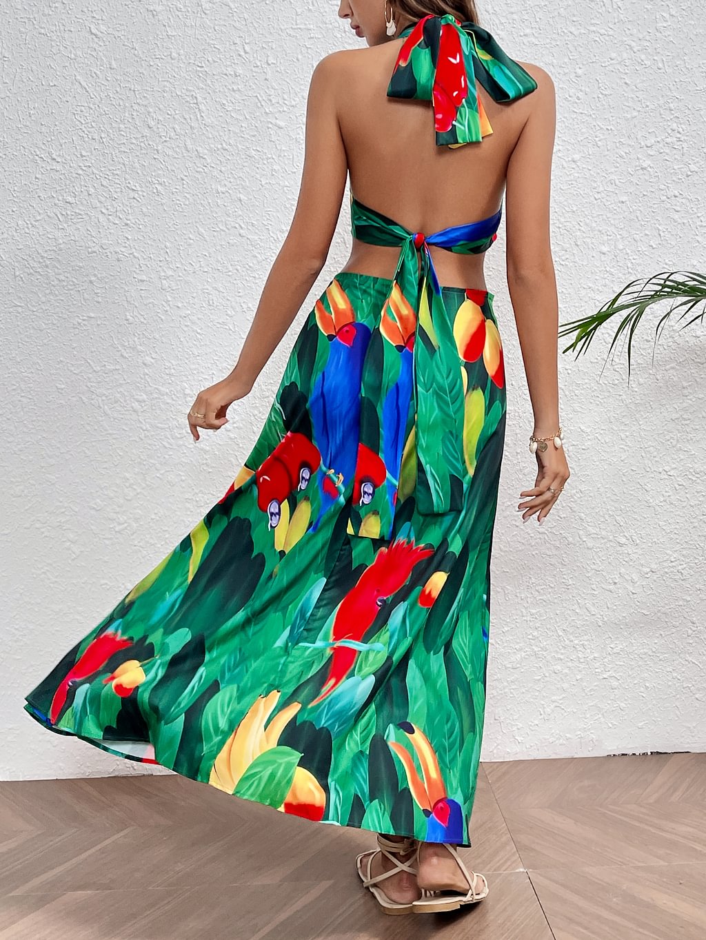 Halter Lace up Printed Midi Dress