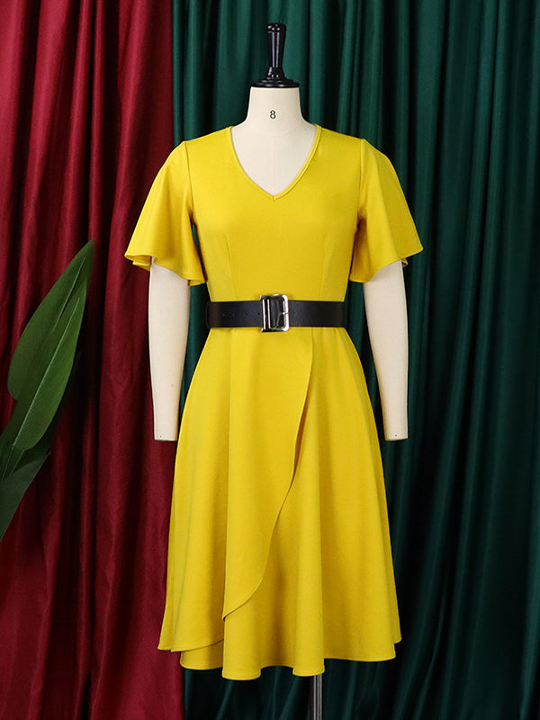 Belted Solid Color Irregular clipping Plus Size Round-neck Midi Dresses