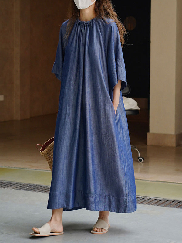 Drawstring Lace-Up Pleated Solid Color Loose Raglan Sleeve Round-Neck Midi Dresses