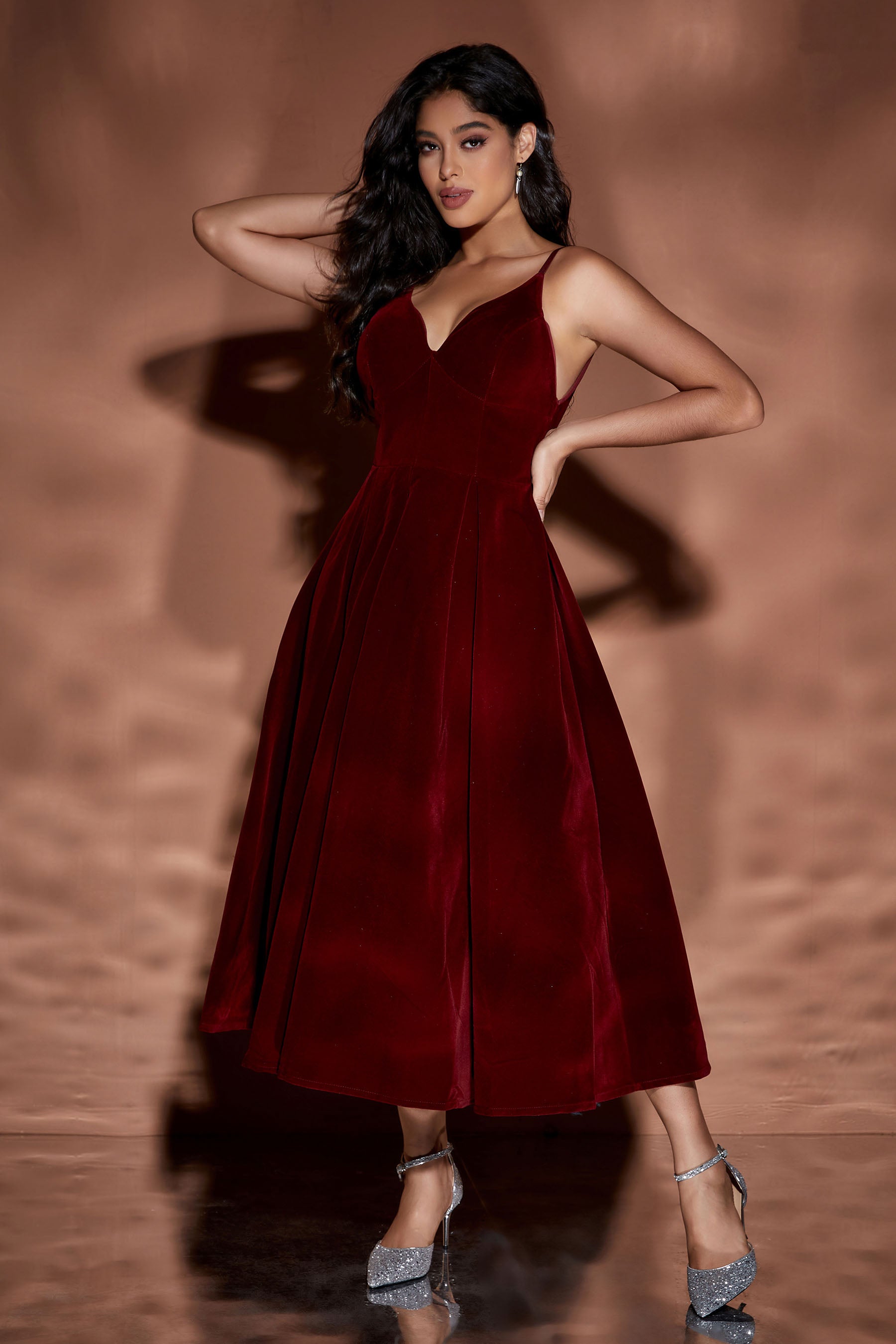 Velour Sling V Neck Midi Puffy Dress