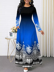Contrast Color Floral Printed Long Sleeves Round-neck Maxi Dresses