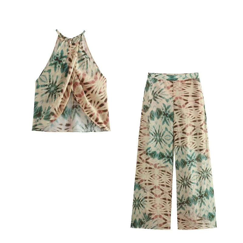 Halter Linen Casual  Print Cami and Pants Set