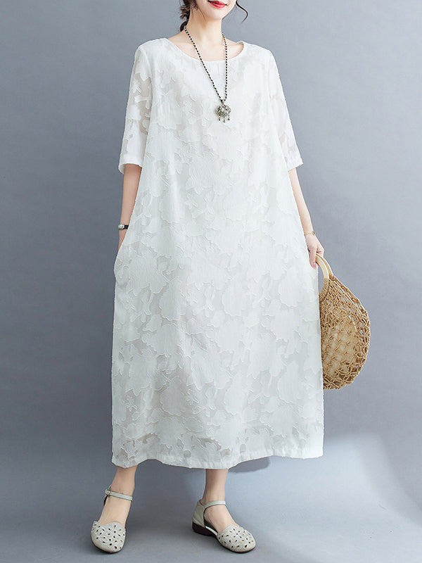 Jacquard See-Through Solid Color Loose Three-quarter Sleeves Round-neck Midi Dresses