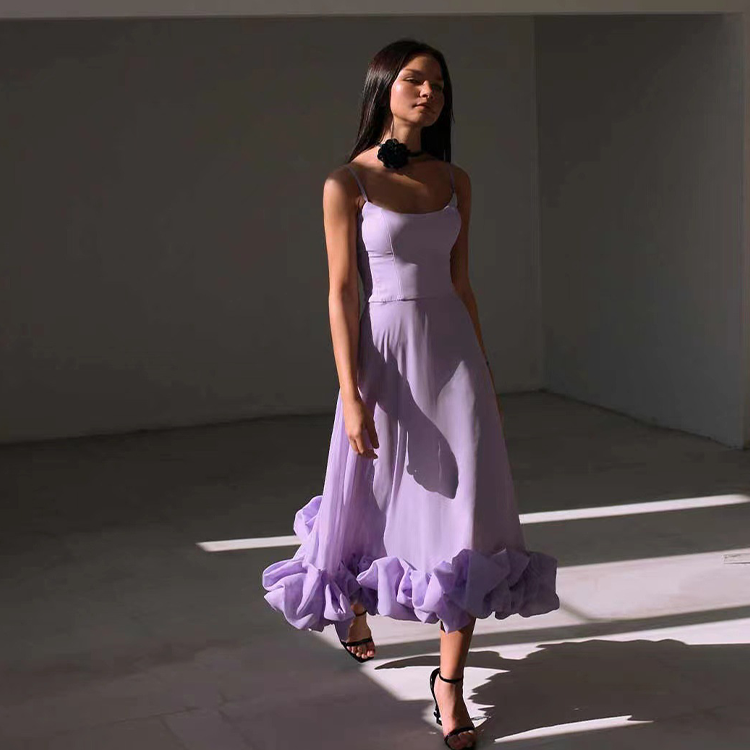 Spaghetti Strap Ruffle Bottom A-Line Midi Dress Flaxmaker