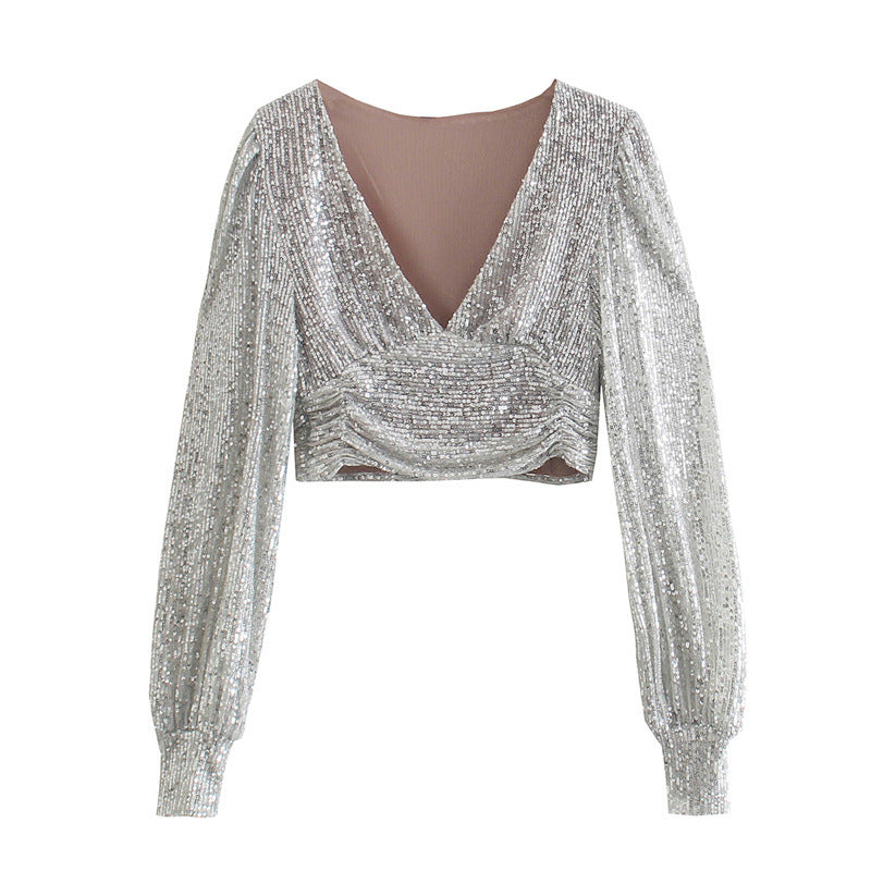 Flaxmaker Sequined Hot Drill Tarpaulin Sleeve V-neck Top Two Piece Set