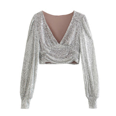 Flaxmaker Sequined Hot Drill Tarpaulin Sleeve V-neck Top Two Piece Set