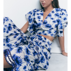 Flaxmaker Elegant Ruffle V Neck Jungle Printed Two Piece Set