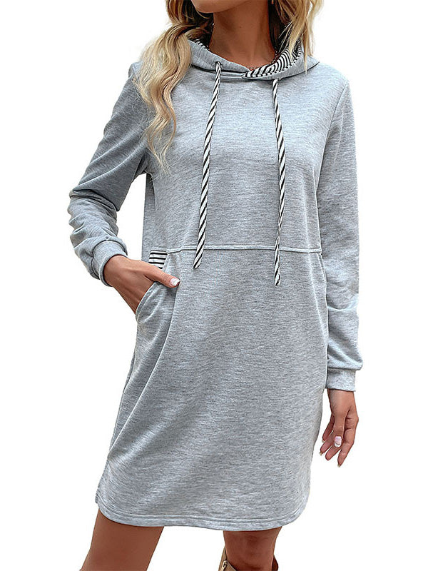 Drawstring Pockets A-line Long Sleeves Hooded Mini Dresses Hoodies Tops