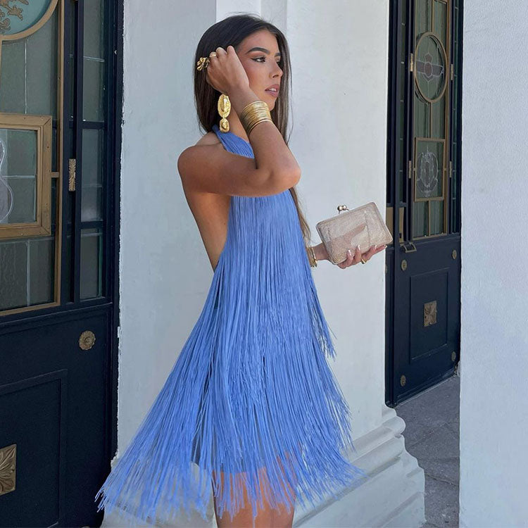 Halter Backless Fringe Mini Dress Flaxmaker