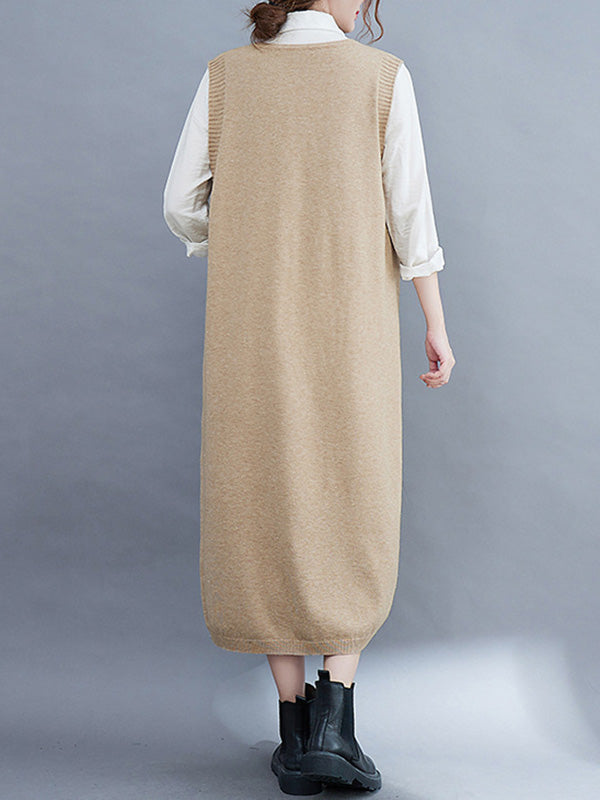 Vintage Solid Color Knitting V-Neck Sleeveless Sweater Dress