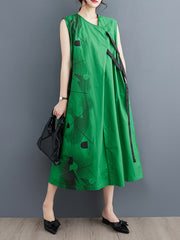 Printed Loose Sleeveless Round-neck Midi Dresses
