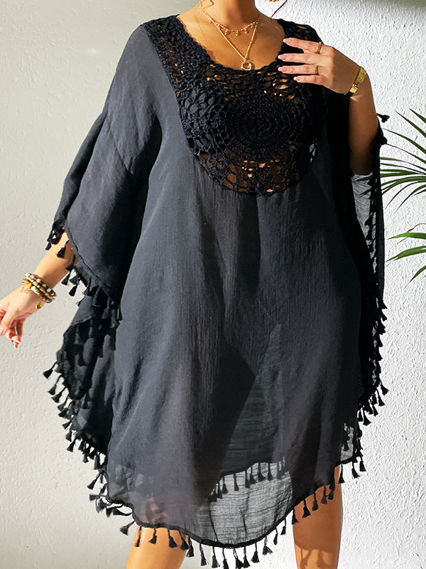 Hollow Solid Color Sun Protection Tasseled Batwing Sleeves Loose Round-Neck Midi Dresses Cover-Ups Tops
