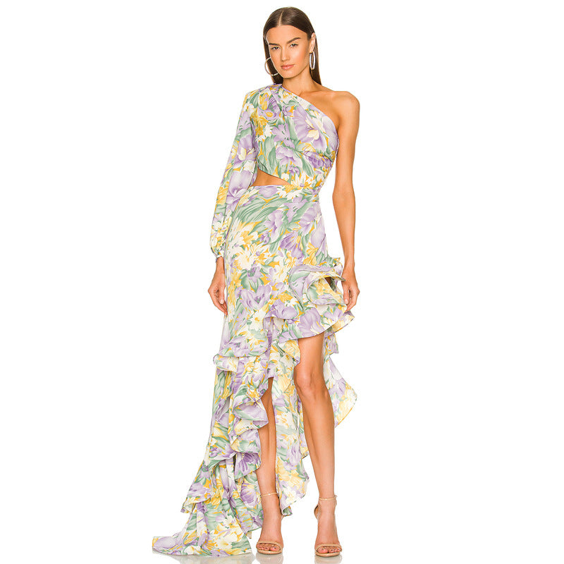 One Shoulder Ruffle Cut out Floral Printed Dress