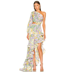 One Shoulder Ruffle Cut out Floral Printed Dress