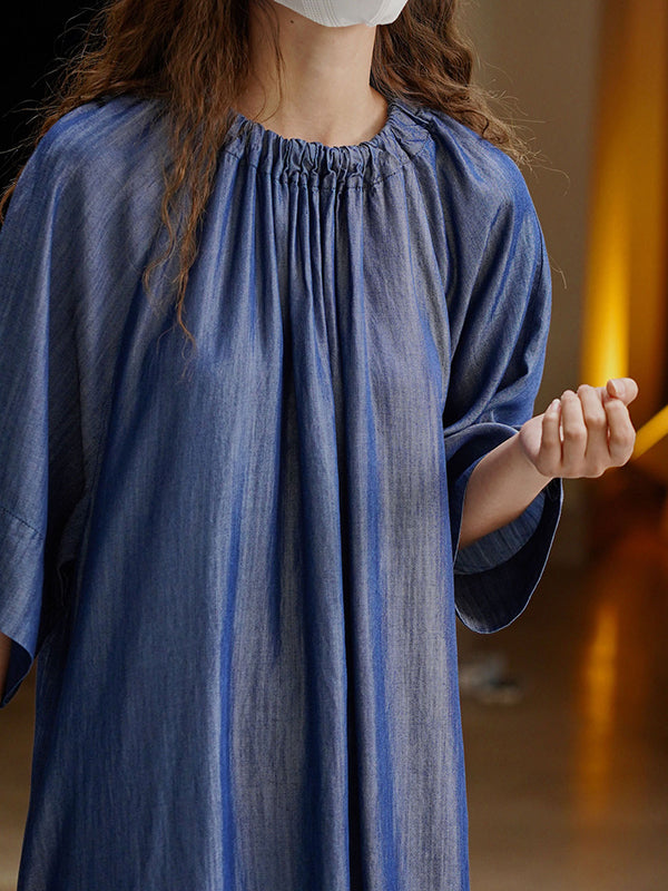 Drawstring Lace-Up Pleated Solid Color Loose Raglan Sleeve Round-Neck Midi Dresses