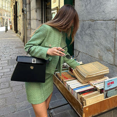Fashion Green Tweed Coat and Skirt