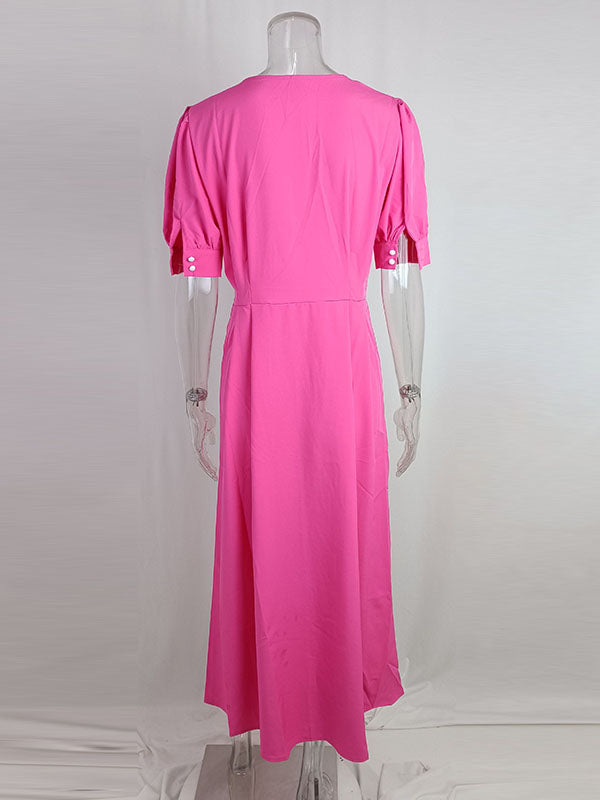 Buttoned High Waisted Loose Round-neck Midi Dresses