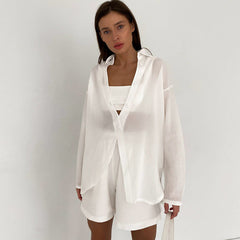 Long-sleeve See-through Cotton Linen Solid Color Shirt and Bottom
