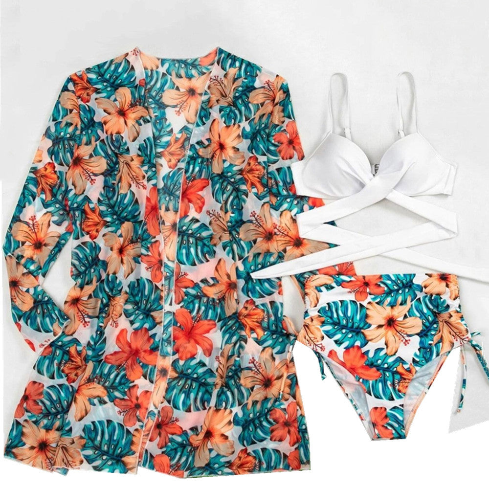 Printed Sexy Bikini Swimsuit and Net Yarn Cover Up