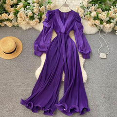 V Neck Long Sleeve Solid Color Casual Jumpsuit Flaxmaker