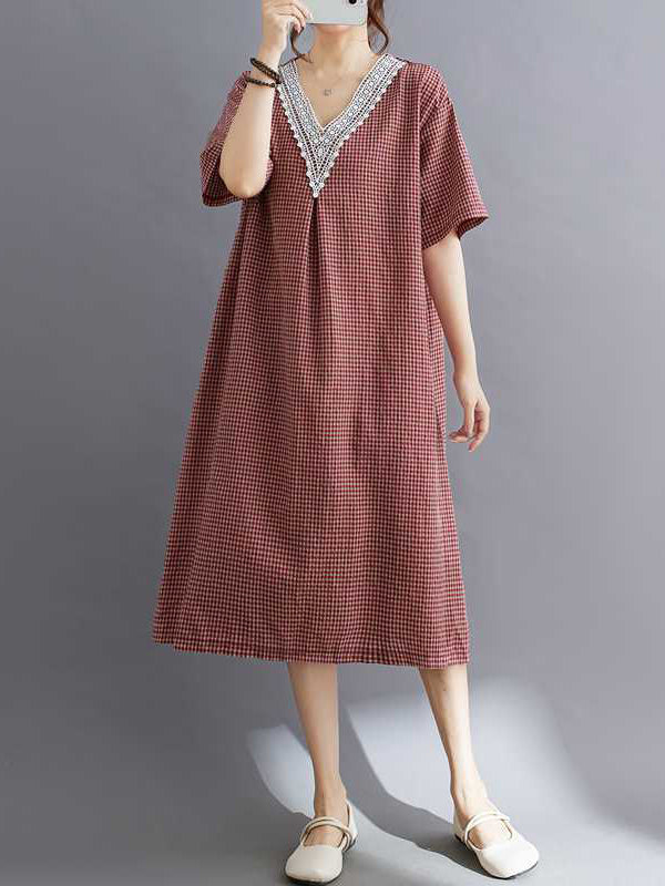 Plaid Pleated Split-Joint A-Line Half Sleeves V-Neck Midi Dresses