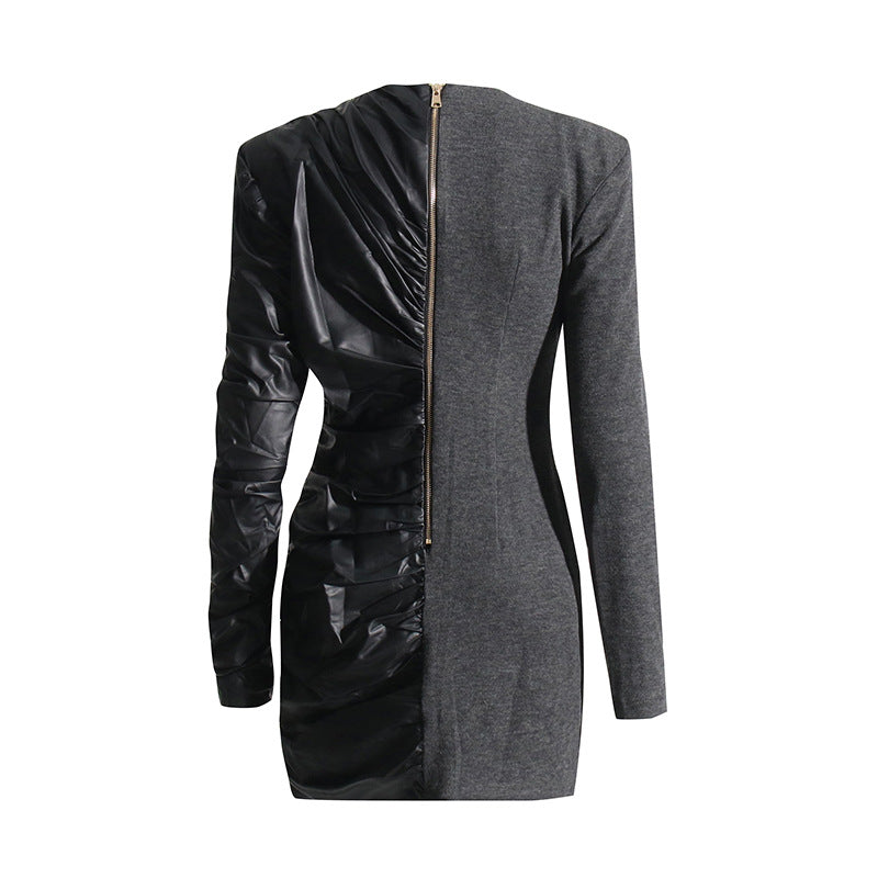 Long-sleeved  V Neck Leather Bodycon Dress