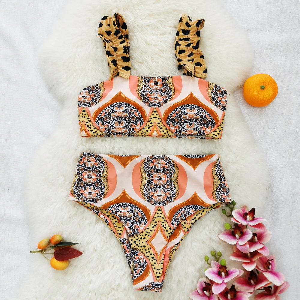 Ruffle Starp Leopard Print High Waist Bikini Swimsuit and Skirt Flaxmaker