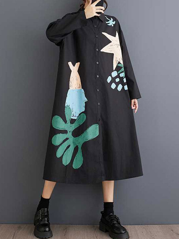 Buttoned Pockets Printed Split-Joint A-Line Long Sleeves Lapel Shirt Dress Midi Dresses