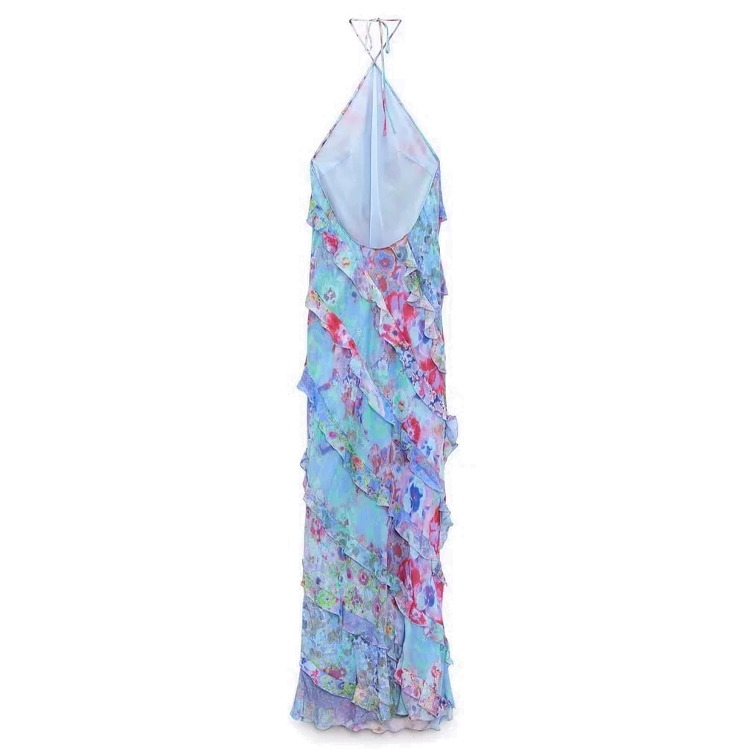 Halter Backless Ruffle Printed Dress