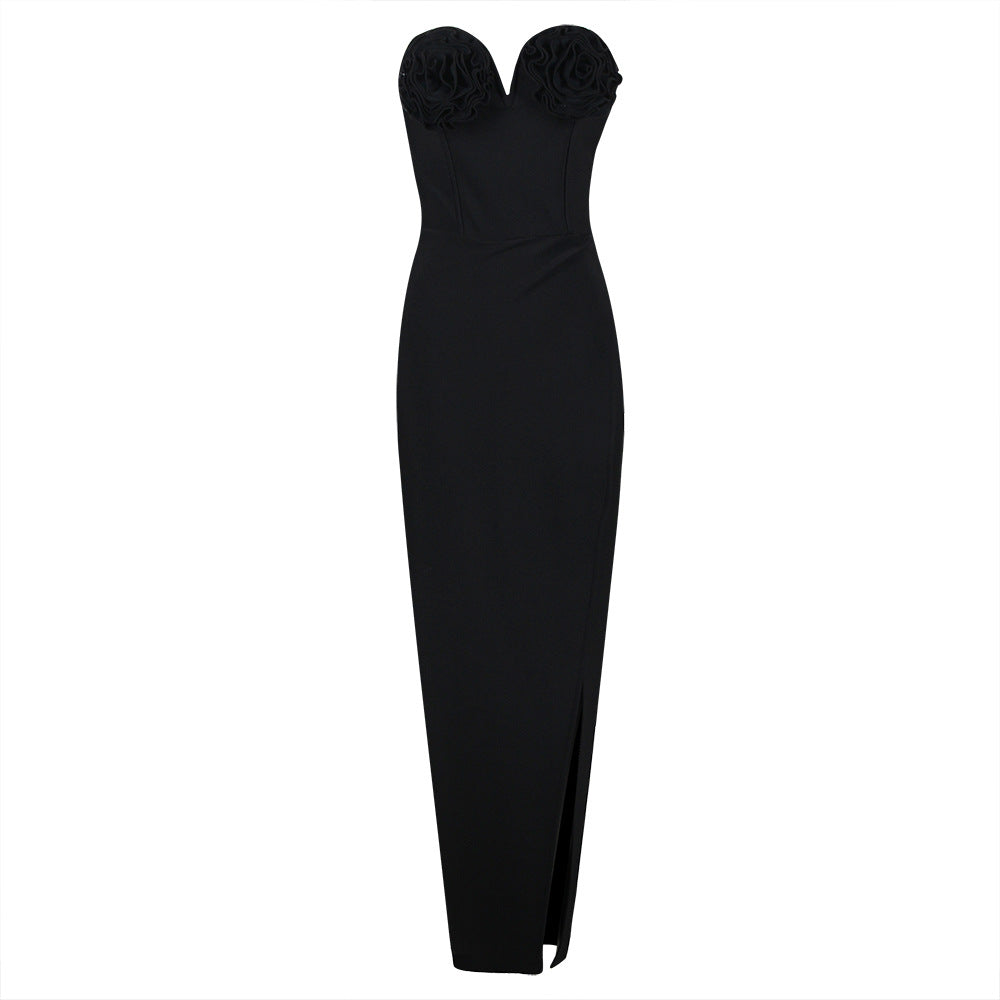 Bandeau 3D Flower Slit Dress