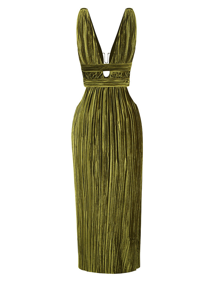 V Neck Velour Cutout Slit Dress