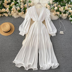 V Neck Long Sleeve Solid Color Casual Jumpsuit Flaxmaker