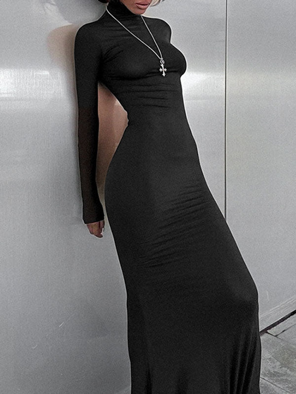 Solid Color Split-Joint Bodycon Long Sleeves High Neck Maxi Dresses