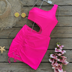 Oblique Shoulder Cutout One Piece Swimsuit and Sarong
