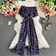Flaxmaker Floral Waist Slimming Peplum Off Shoulder Jumpsuit