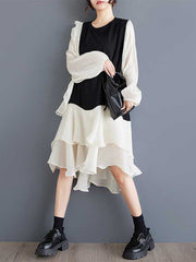 Contrast Color Ruffle Trim Split-Joint High-Low Long Sleeves Round-Neck Midi Dresses