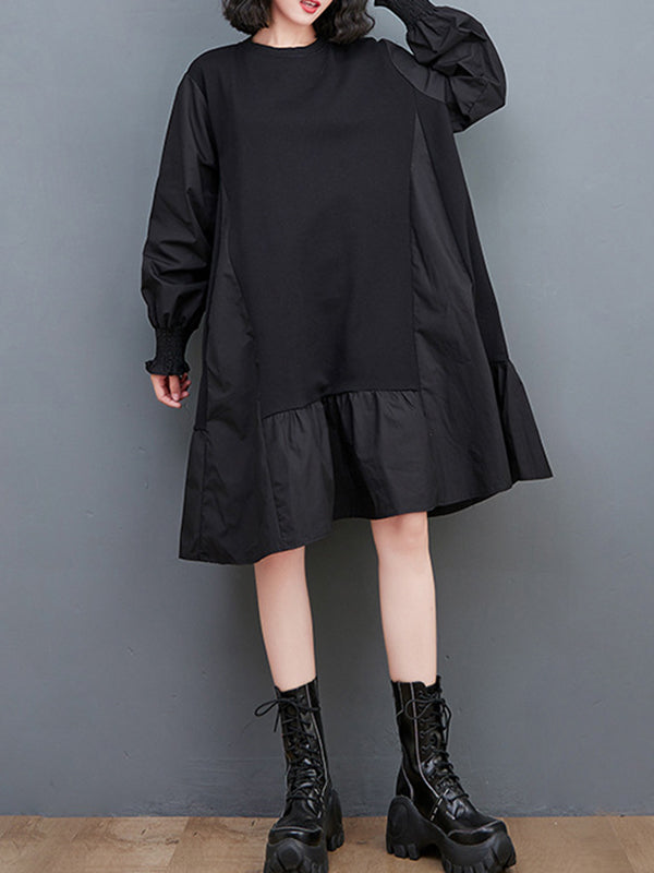 Pleated Solid Color Split-Joint Loose Puff Sleeves Round-neck Midi Dresses
