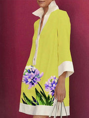 A-Line Loose Buttoned Flower Print Stand Collar Mini Dresses