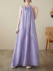 Pleated Solid Color A-Line Loose Round-Neck Midi Dresses