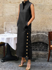 Buttoned Solid Color Split-side Sleeveless Stand Collar Shirt Dress Maxi Dresses