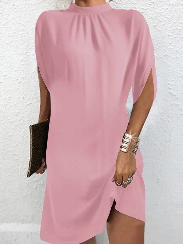 Solid Color Loose Raglan Sleeve Mock Neck Mini Dresses