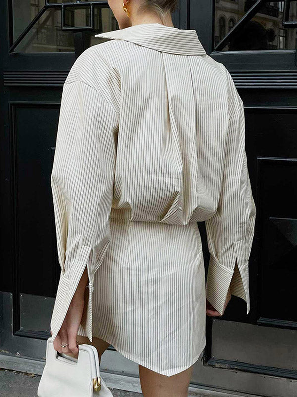 Buttoned Striped Flared Sleeves Long Sleeves Lapel Shirt Dress Mini Dresses