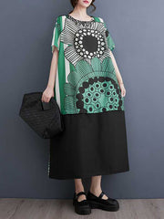 Flower Print Pockets Split-Joint A-Line Loose Round-Neck Midi Dresses