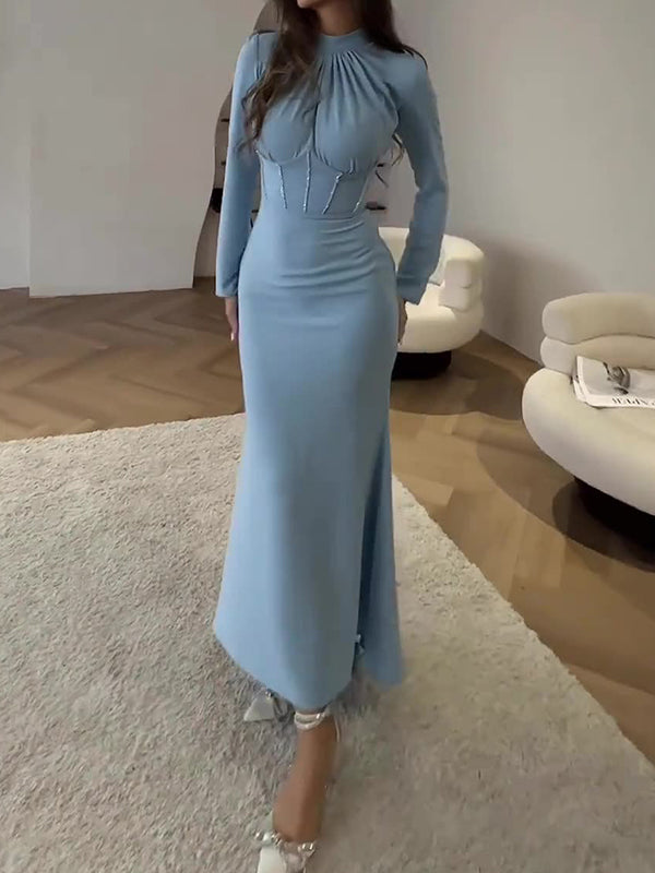 Pleated Solid Color Tied Zipper Bodycon Long Sleeves Mock Neck Maxi Dresses